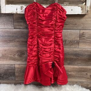 Nadine Ladies Ruched Bodycon Tiered Layer Cocktail Red Satin Strapless Dress